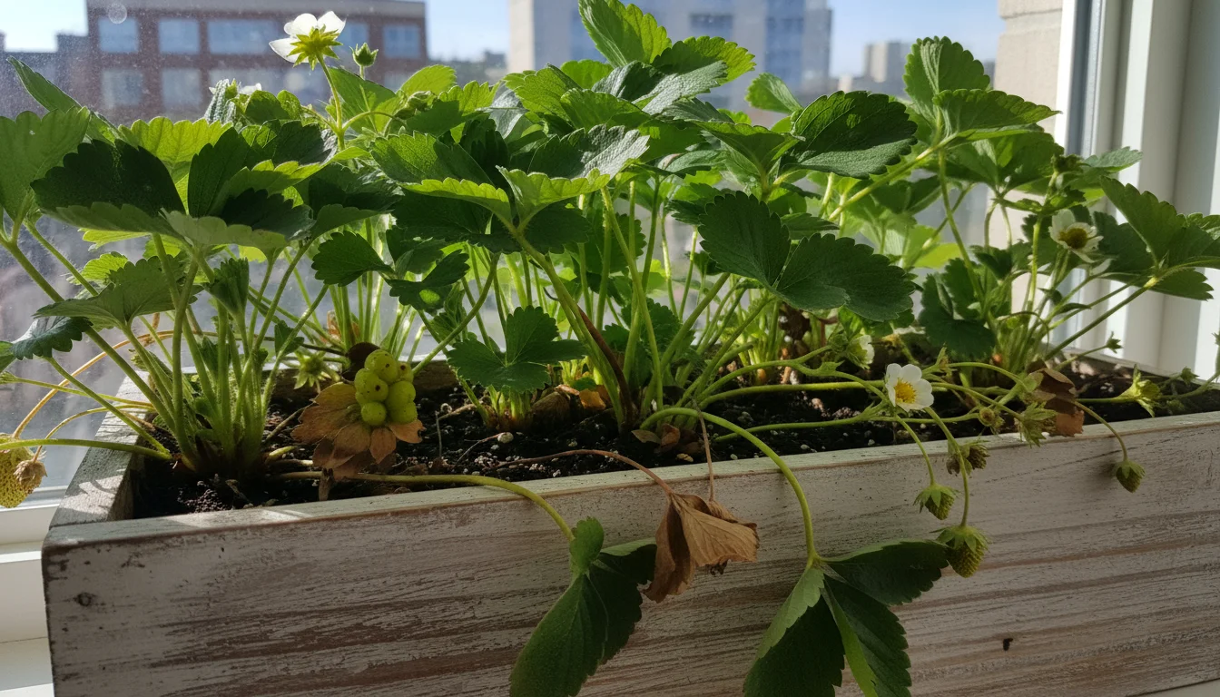An indoor window box with strawberry plants showing lush green leaves but only tiny, pale, misshapen fruits and spent blossoms. A small paintbrush res