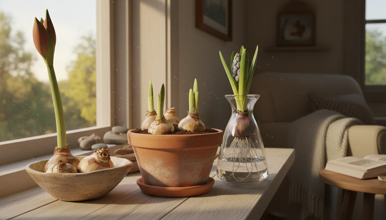 An indoor windowsill featuring a terracotta pot with sprouting daffodils, a glass vase with a rooting hyacinth bulb, and a ceramic bowl with paperwhit