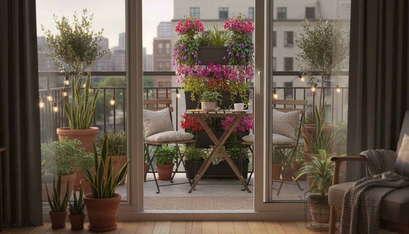 View from indoors onto a cozy urban balcony with a vibrant multi-tiered vertical planter as the focal point, surrounded by container plants.