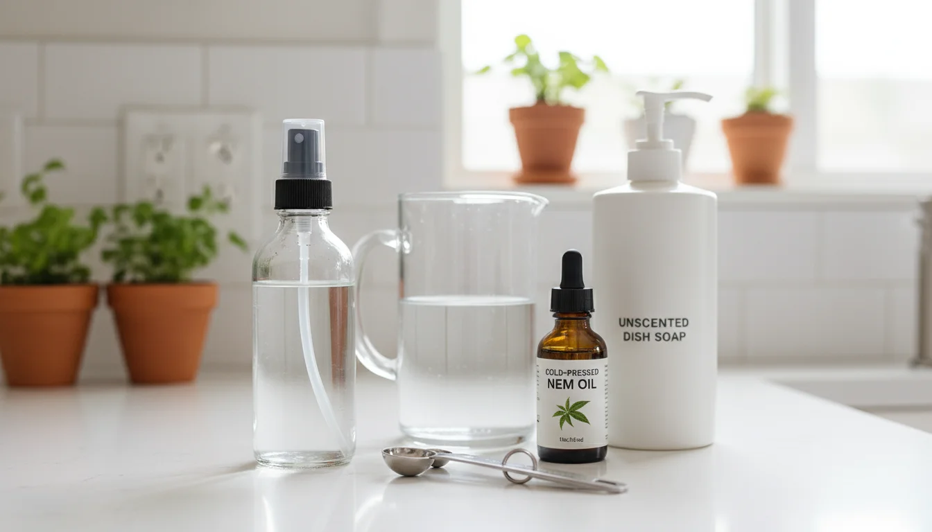 Ingredients for houseplant leaf shine: clear spray bottle, glass pitcher of water, neem oil, dish soap, measuring spoons, and cloth on a counter.