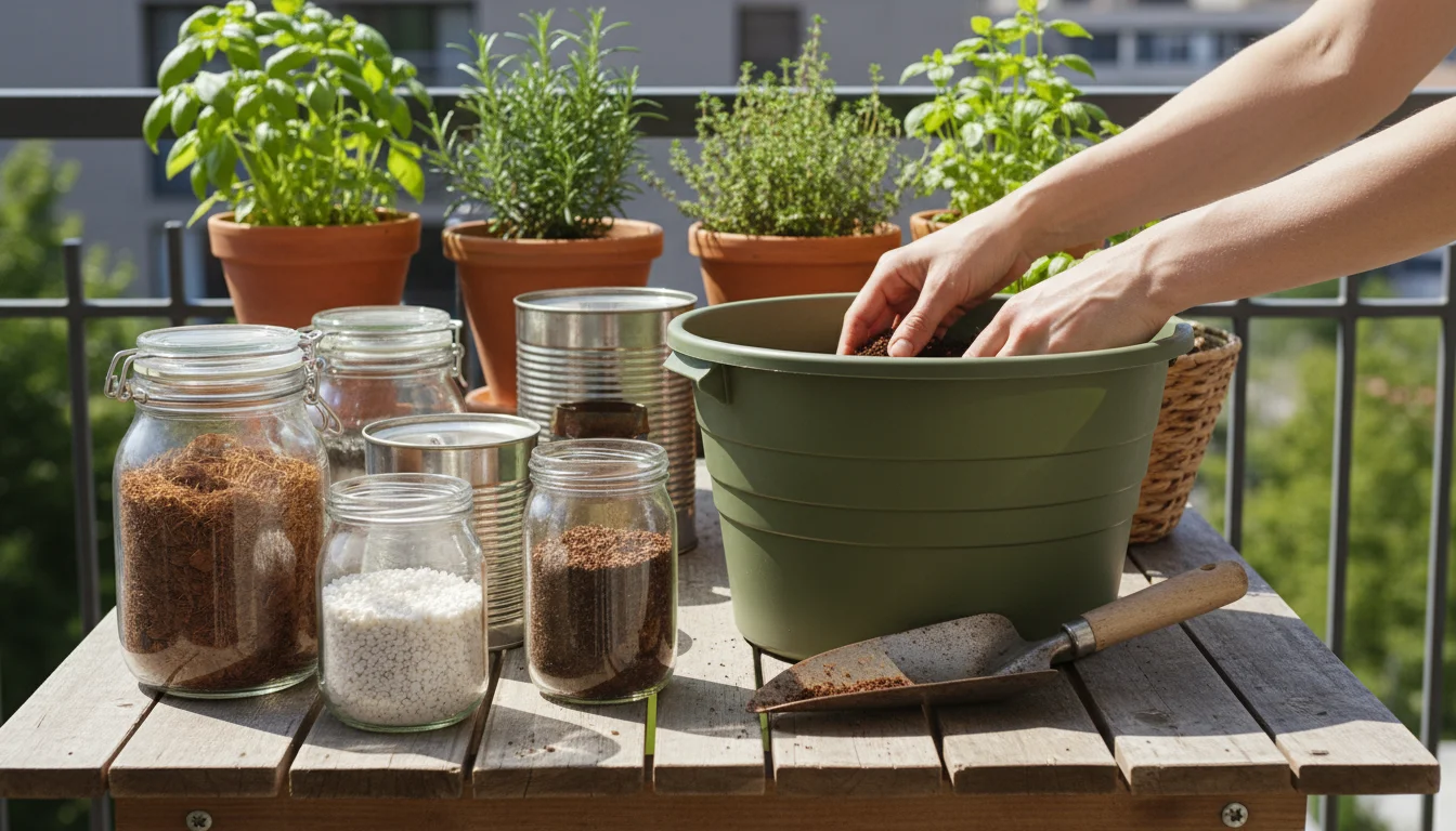Ingredients for potting mix—coco coir, perlite, vermiculite, compost—in assorted containers on a patio table, with hands reaching for a mixing tub.