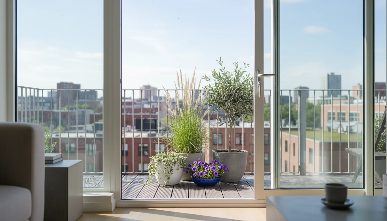 View from inside a bright living room, looking through a glass door to a balcony with a curated grouping of container plants and an outdoor lantern.
