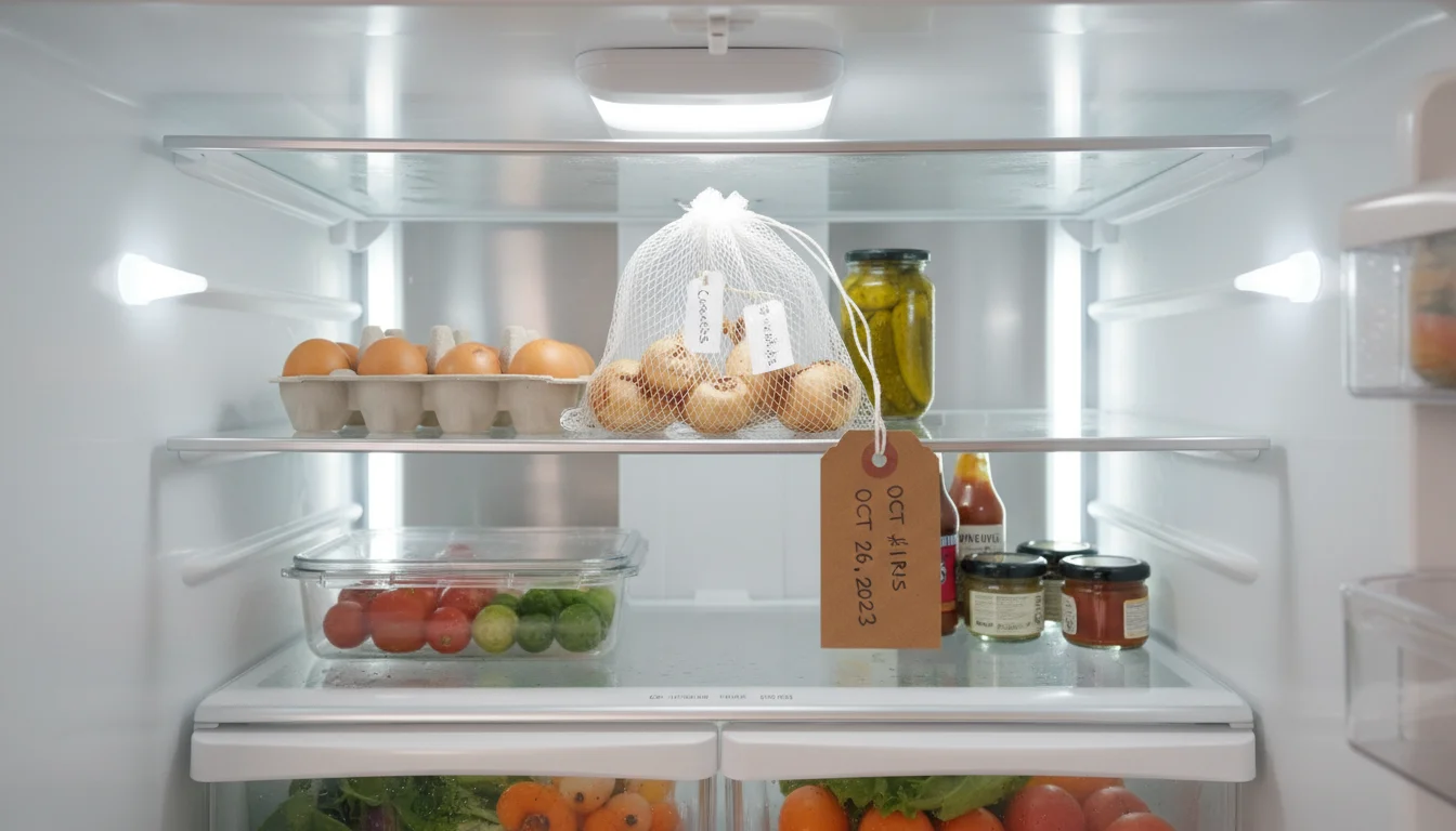 Inside an open refrigerator, a mesh bag of labeled spring bulbs sits on a top shelf, ready for their chilling period.
