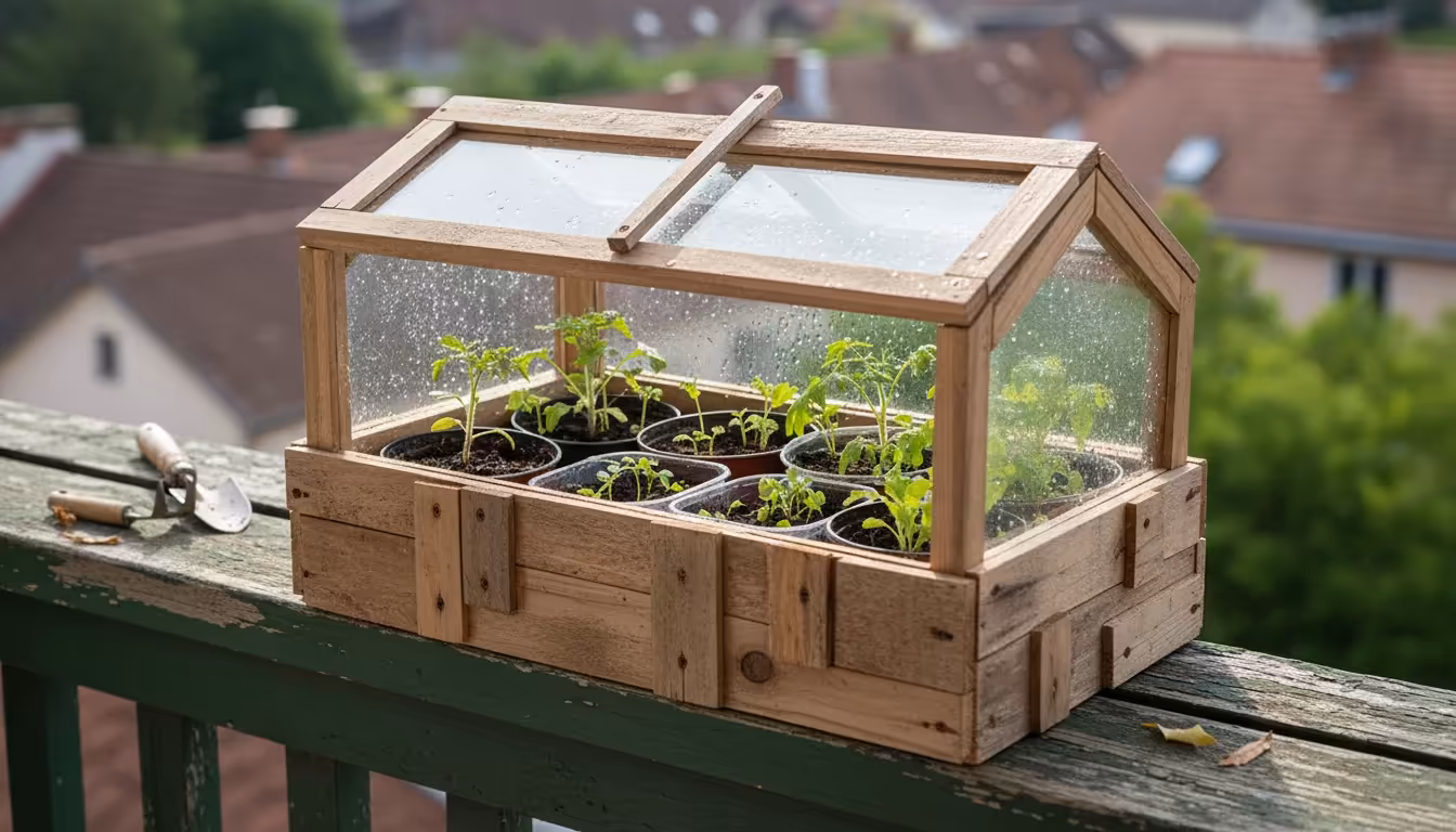 Close-up view inside a small, DIY balcony cold frame with a propped-open, condensation-fogged glass lid, revealing vibrant green lettuce and spinach s