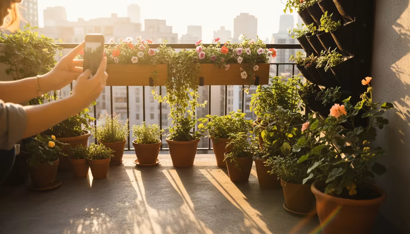 Intense late-afternoon sun illuminates a balcony container garden, casting sharp shadows as a hand holds a smartphone to capture the light.