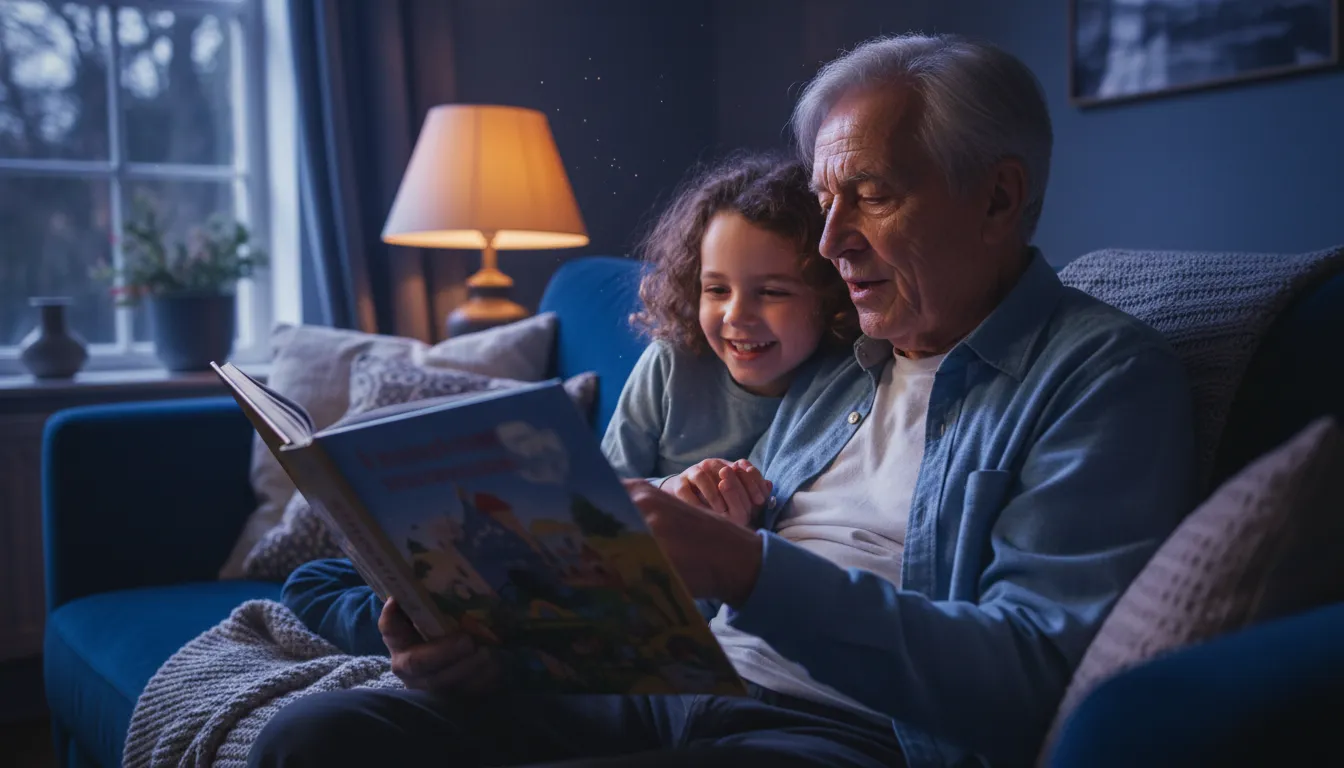 Close-up of a grandparent reading a book to a smiling grandchild on a sofa, both focused on the story in soft blue hour light.