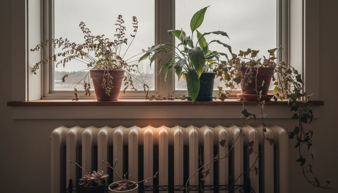 Interior shot of container plants on a windowsill above a radiator, looking stressed in a dry, still winter room.