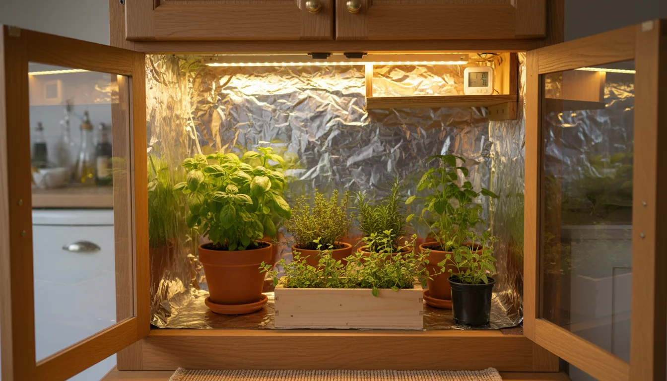 Interior of a repurposed cabinet lined with Mylar, holding small herb plants in pots under an LED grow light. A hand touches soil.