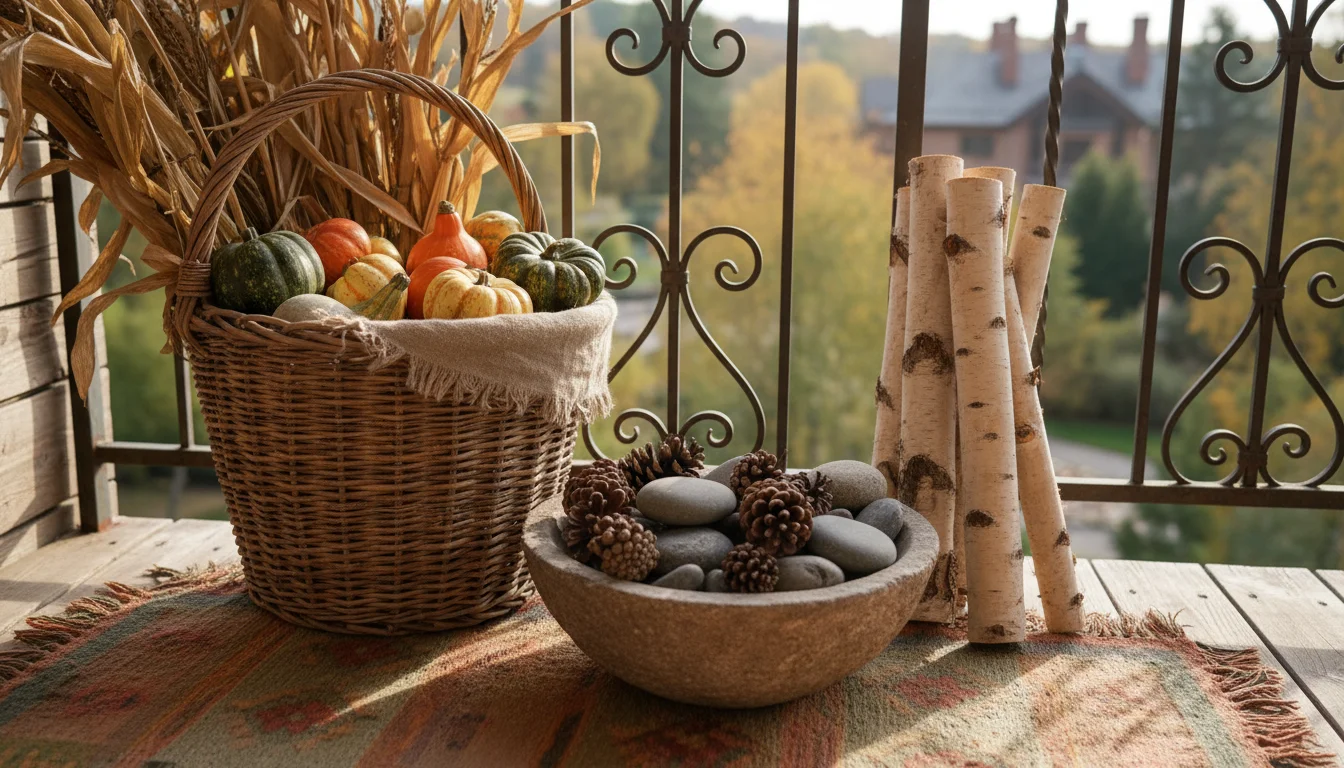 An intimate, elevated view of autumn decor on a balcony. A wicker basket holds cornstalks & gourds. A stone bowl has river rocks & pinecones. Birch lo