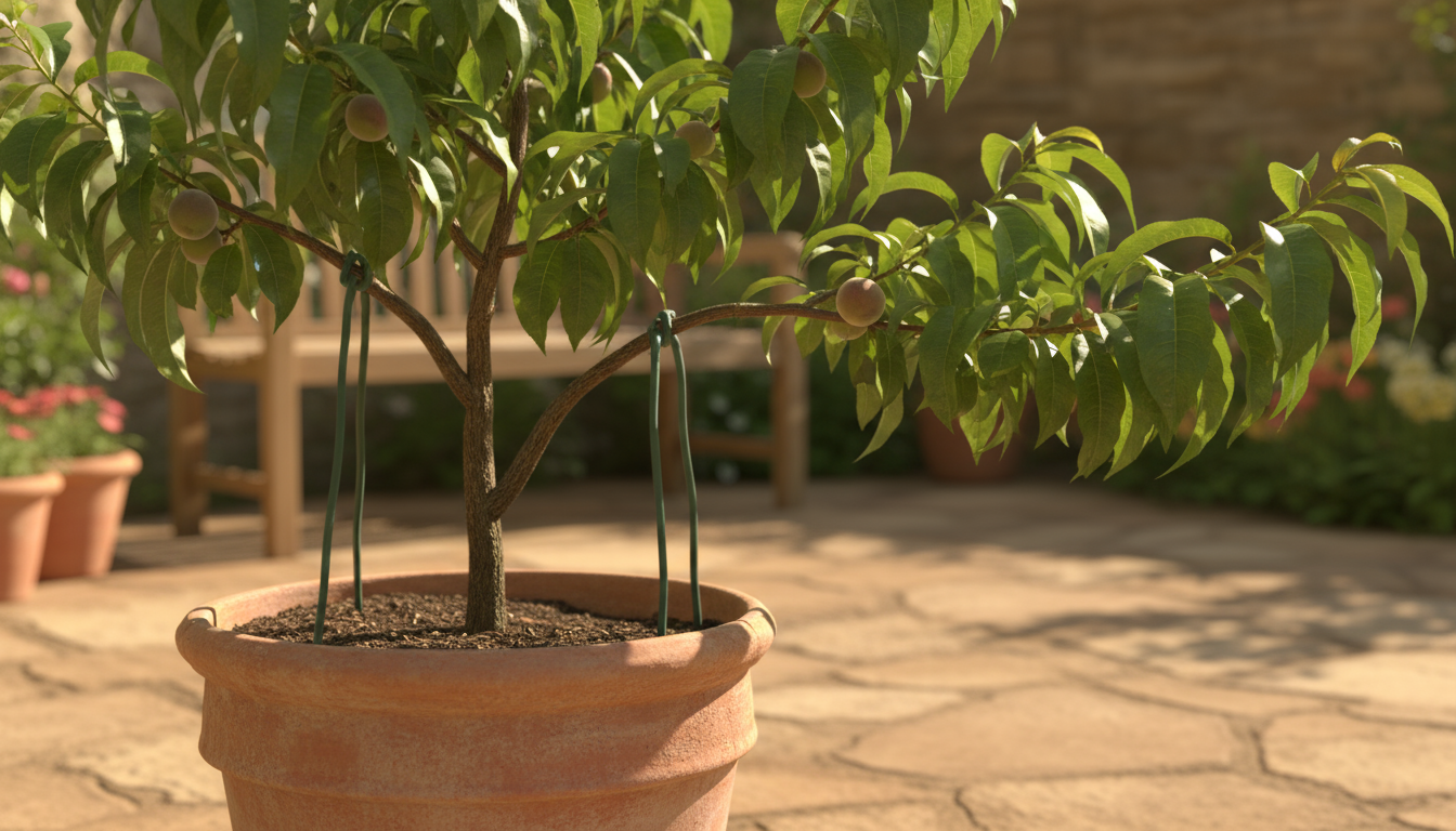 A hand gently mists dwarf fruit tree leaves showing subtle powdery mildew with natural neem oil on a patio.