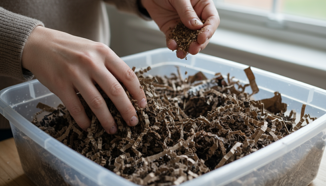 Close-up of hands fluffing moist, shredded cardboard and newspaper bedding inside a worm bin, adding a handful of garden soil.