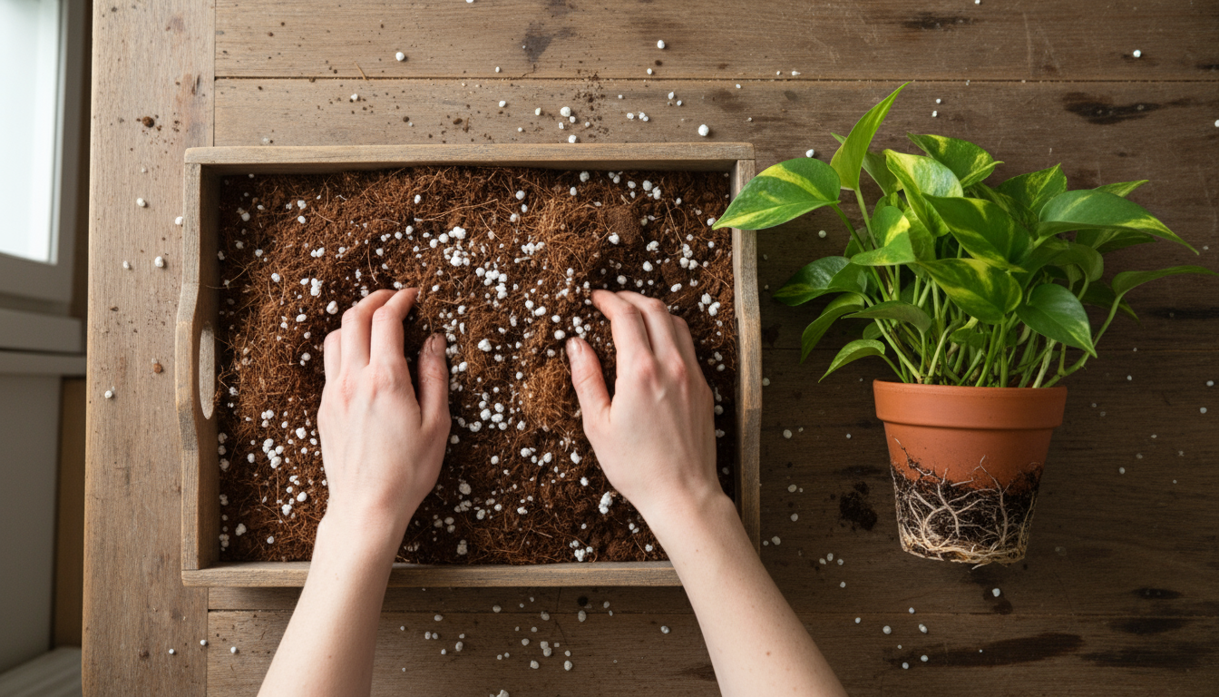 Close-up of a Heartleaf Philodendron with solid green, heart-shaped leaves cascading from a terracotta pot on a wooden shelf in soft, indirect light.