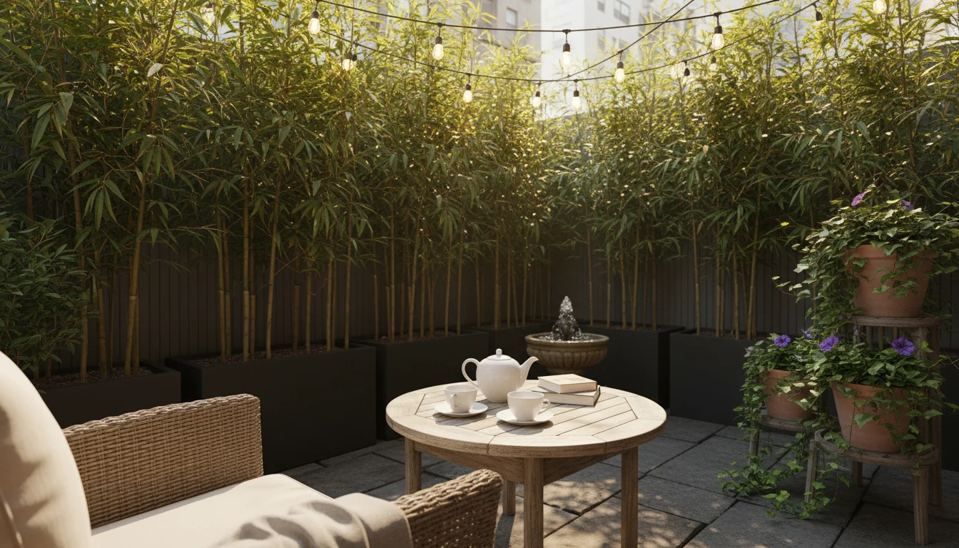 An intimate urban patio corner with tall bamboo in modern planters providing a lush privacy screen behind a comfortable wicker armchair and side table