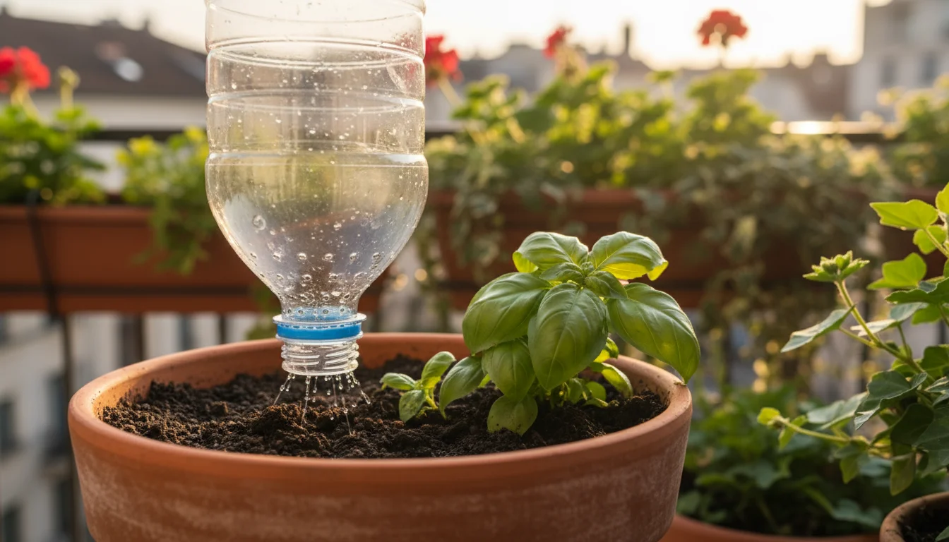 Inverted plastic soda bottle slowly dripping water into a vibrant basil plant in a terracotta pot on a sunny urban balcony.