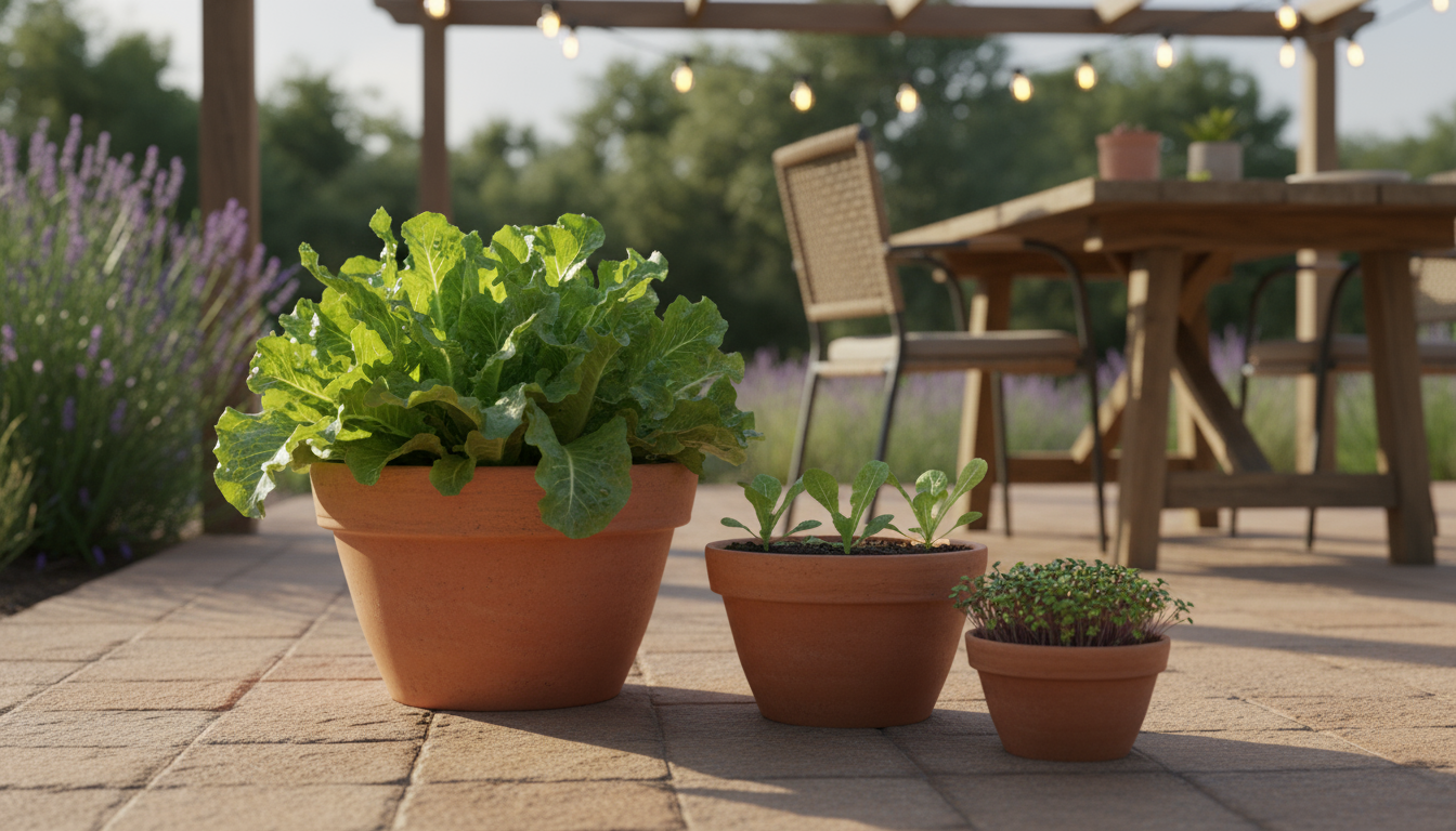 Overhead view of three terracotta pots on a sunny patio, showing mature lettuce, young plants, and tiny seedlings, illustrating succession.