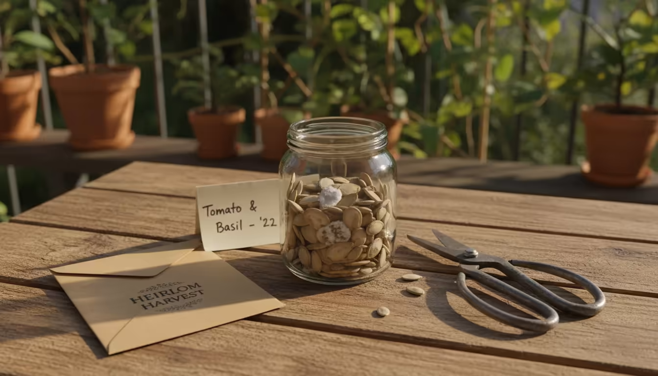 A clear jar of saved heirloom seeds on a rustic wooden table, some showing subtle mold or shriveling from improper storage.
