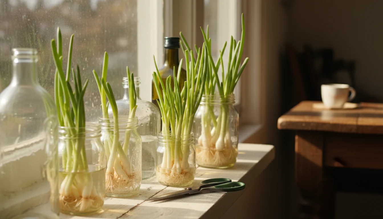 Clear jars on a sunny windowsill contain green onion scraps regrowing into lush green stalks, with small shears nearby.