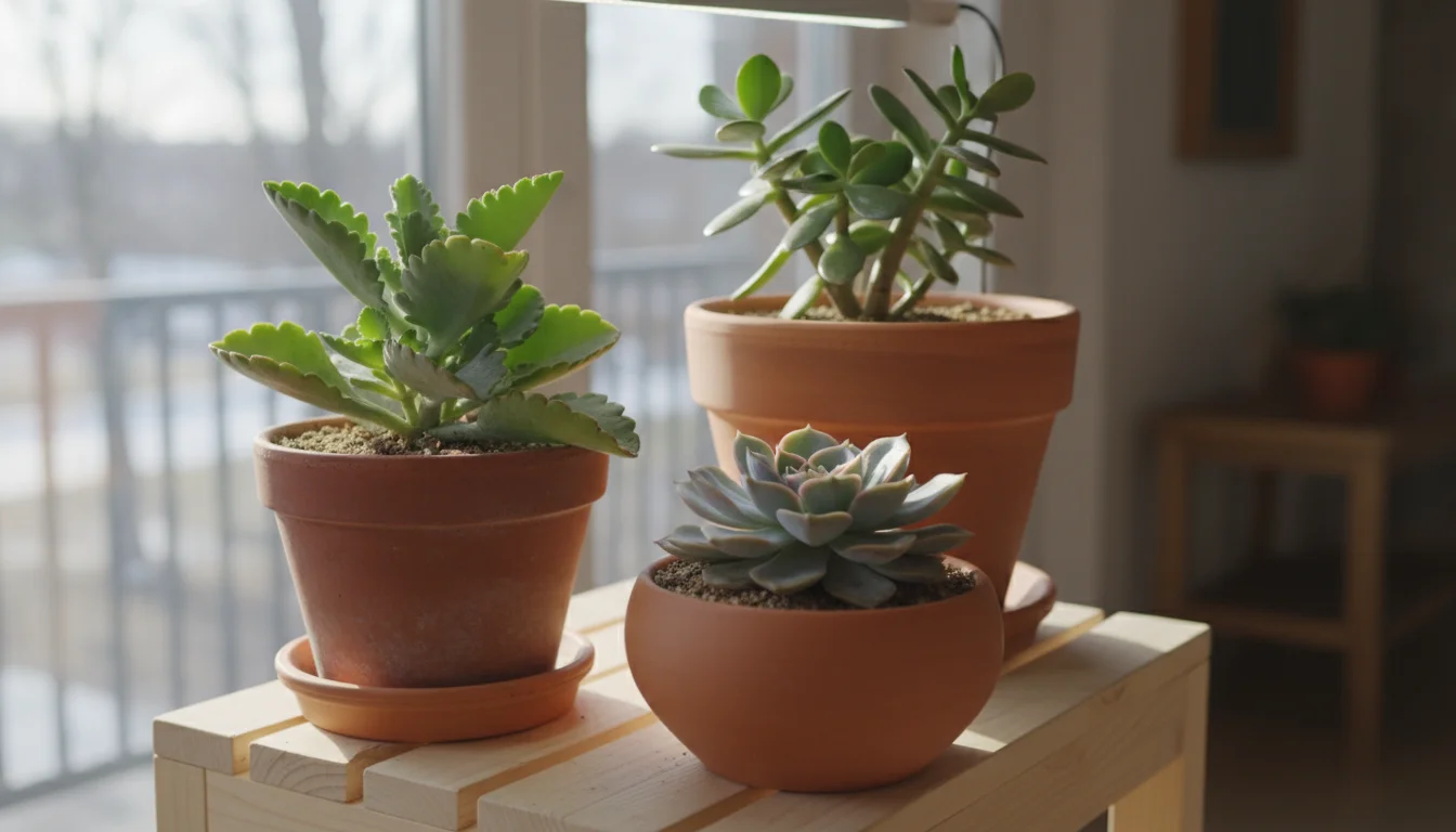 A Kalanchoe, Echeveria, and Crassula plant in terracotta pots on a wooden stand, bathed in winter sunlight with a subtle overhead grow light.