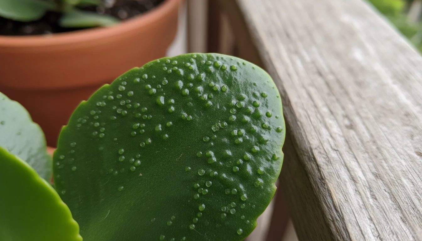 Close-up of a Kalanchoe leaf showing multiple tiny, raised, blister-like bumps characteristic of plant edema, with a blurred pot in the background.