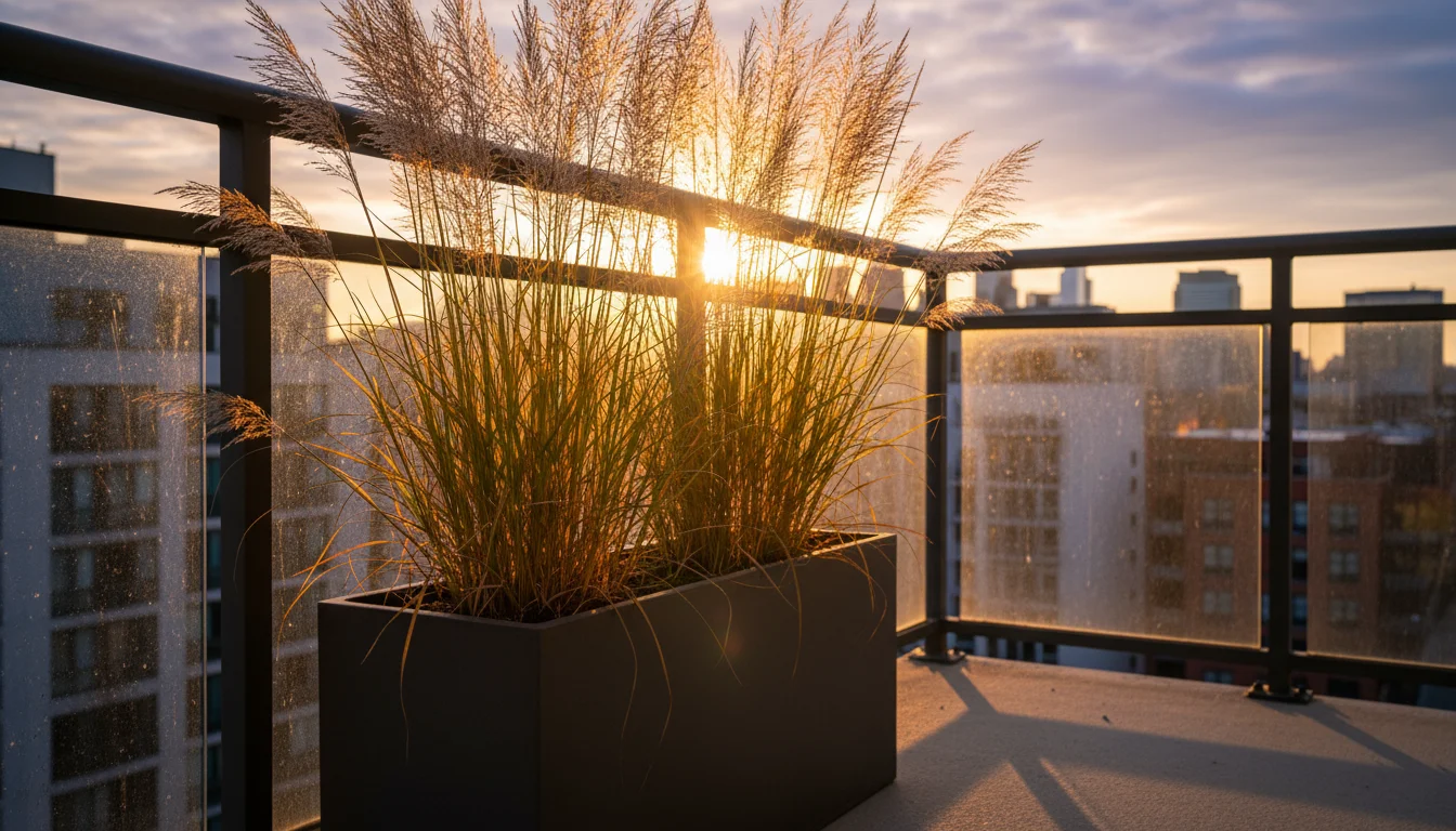 'Karl Foerster' Feather Reed Grass in a dark gray container on an urban balcony. Its dried plumes glow intensely from late afternoon sun.