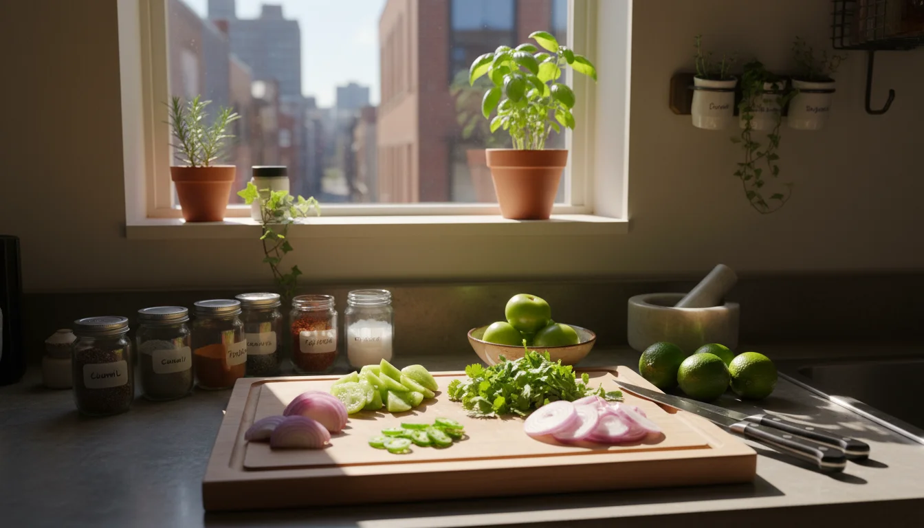 Overhead view of a kitchen counter with chopped green tomatoes, cilantro, red onion, jalapeños on a cutting board. Limes, spices, and a potted herb ar