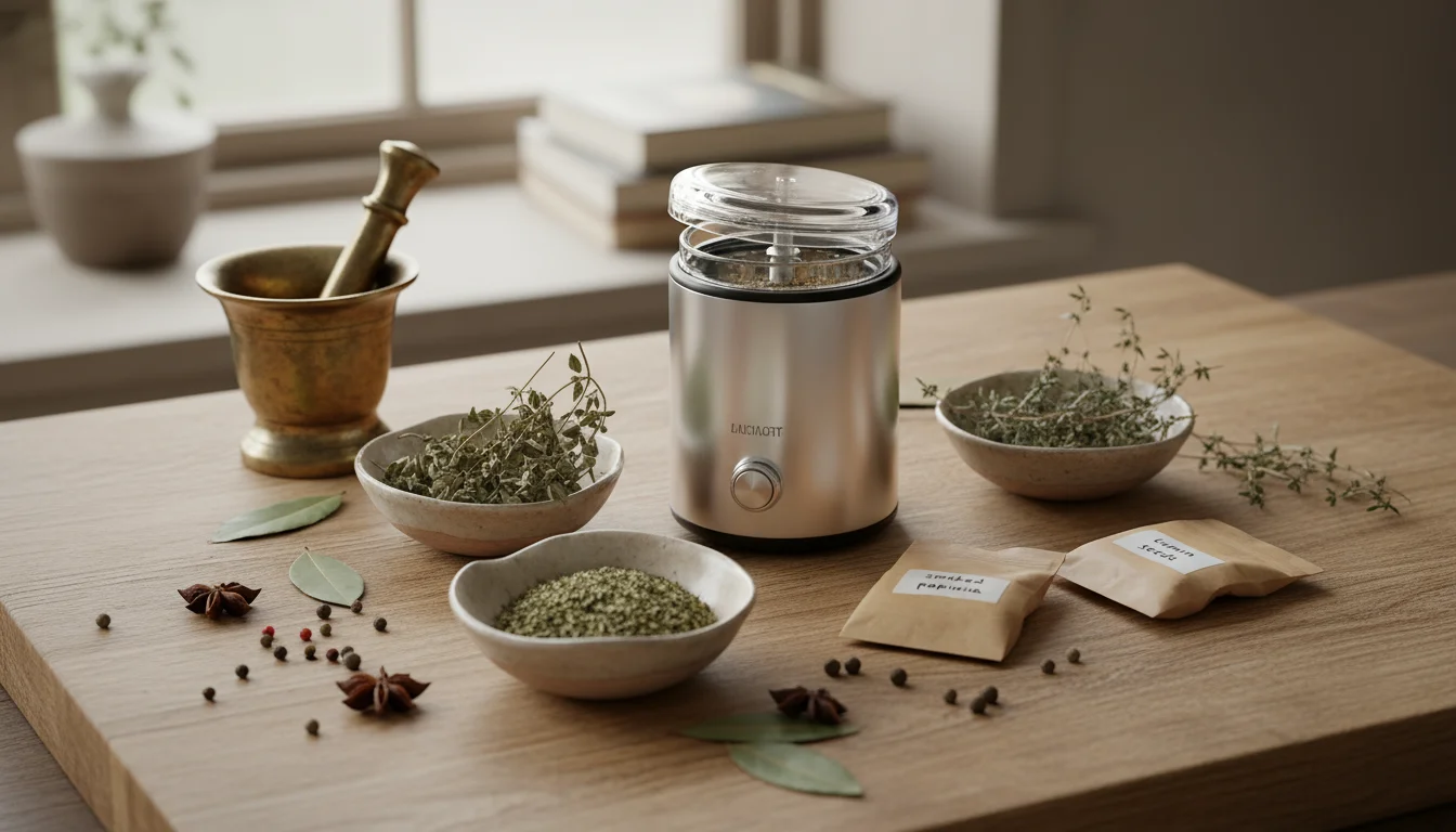 A kitchen counter with an open spice grinder, bowls of dried herbs, store-bought spice jars, and empty glass jars. A hand reaches for herbs.