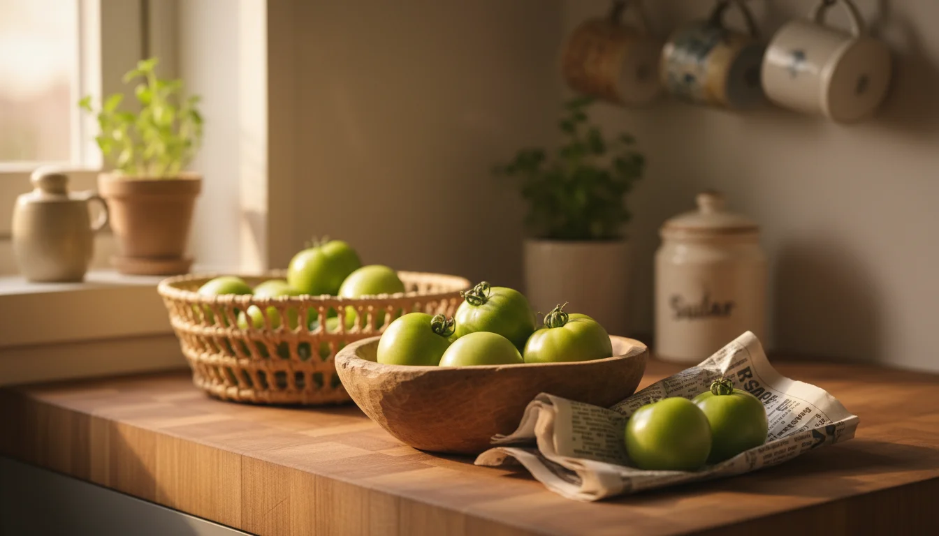 A kitchen counter with a rustic wooden bowl of green tomatoes, some wrapped in newspaper, and a small woven basket holding more.