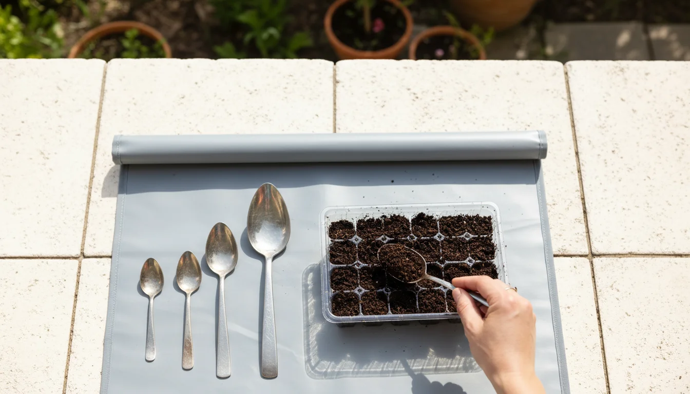 Slightly elevated view of kitchen spoons and a hand using a teaspoon to make a seed indentation in a tray on a patio, with small pots and a vertical p
