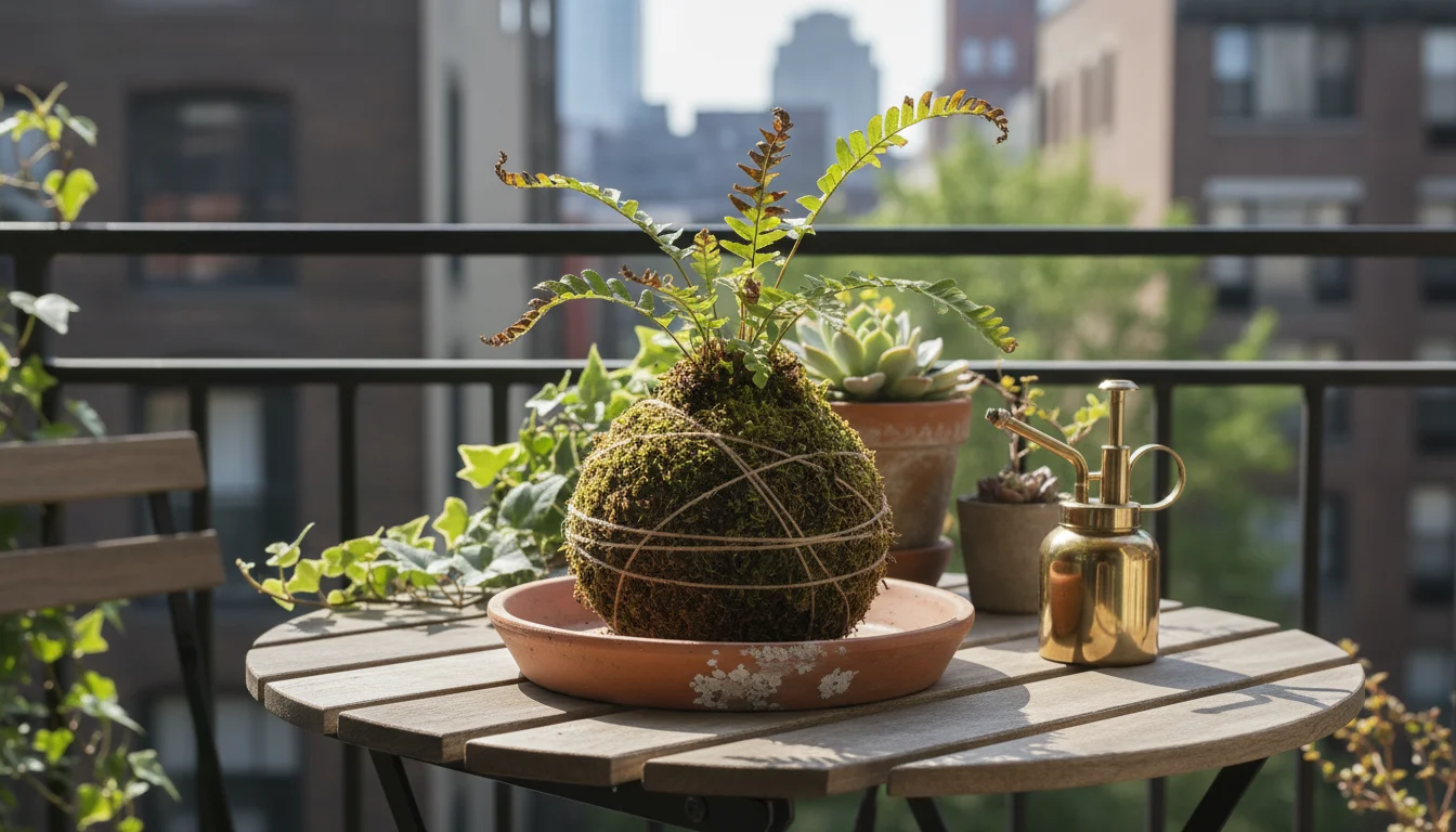 A Kokedama with a fern displaying brown, crispy leaf tips, sitting on a terracotta saucer on a balcony bistro table, a brass mister nearby.
