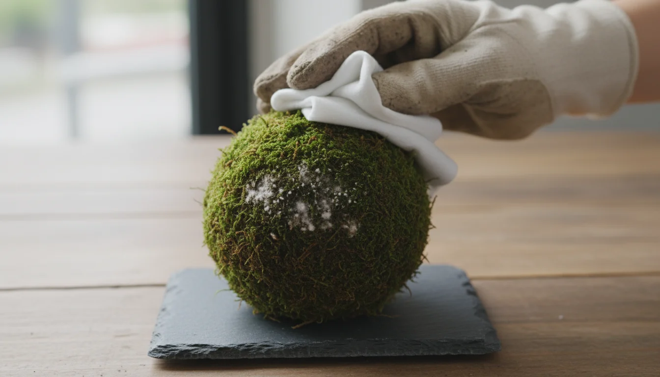A kokedama with visible white mold spots on its green moss, held by a gloved hand wiping it with a damp cloth on a slate coaster.