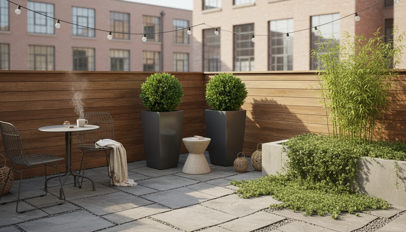 An L-shaped urban patio shows both symmetrical (identical planters flanking a stool) and asymmetrical (varied pots) container arrangements.