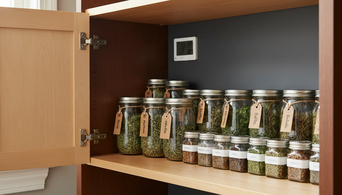 Labeled glass jars filled with dried herbs neatly arranged on a shelf inside a pantry cabinet.