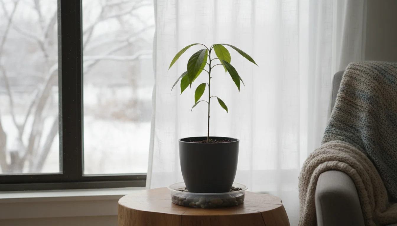 A lanky avocado plant in a gray pot on a wood table with a pebble tray, near a curtain-filtered window.