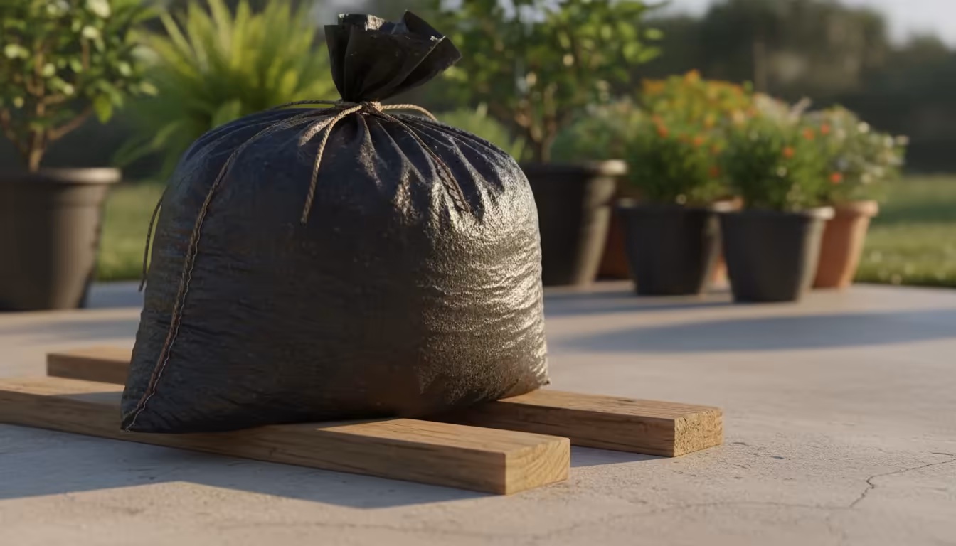 A large black bag of used potting mix elevated on wooden planks on a patio, with soft light and blurred container plants.