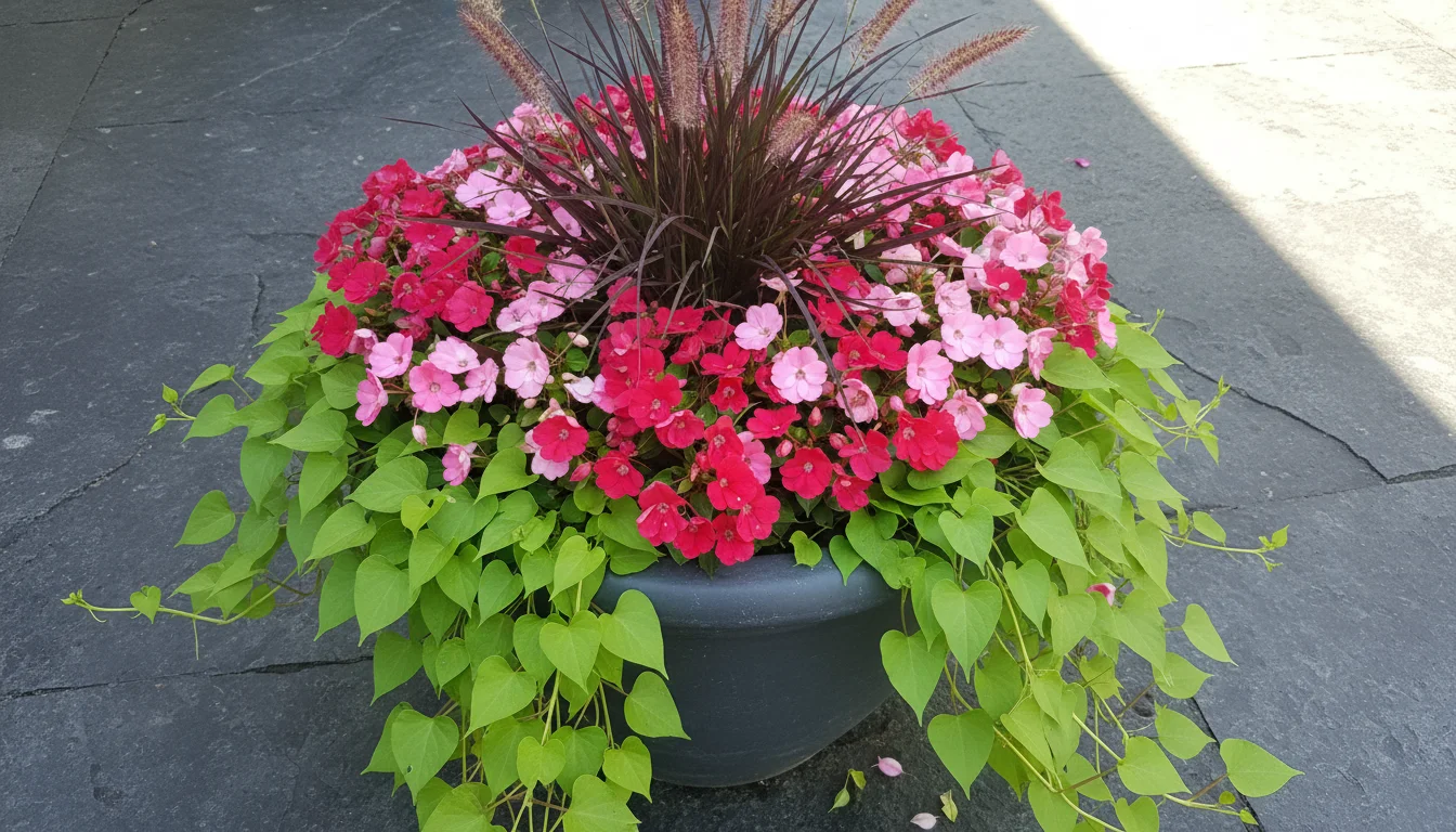 Close-up, slightly elevated view of a large charcoal ceramic pot on a wooden balcony, brimming with purple fountain grass, pink impatiens, and sweet p