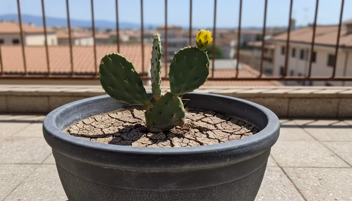 Large, dark grey ceramic pot on a sunny urban balcony, with dry, cracked soil and a subtly heat-stressed pepper plant.