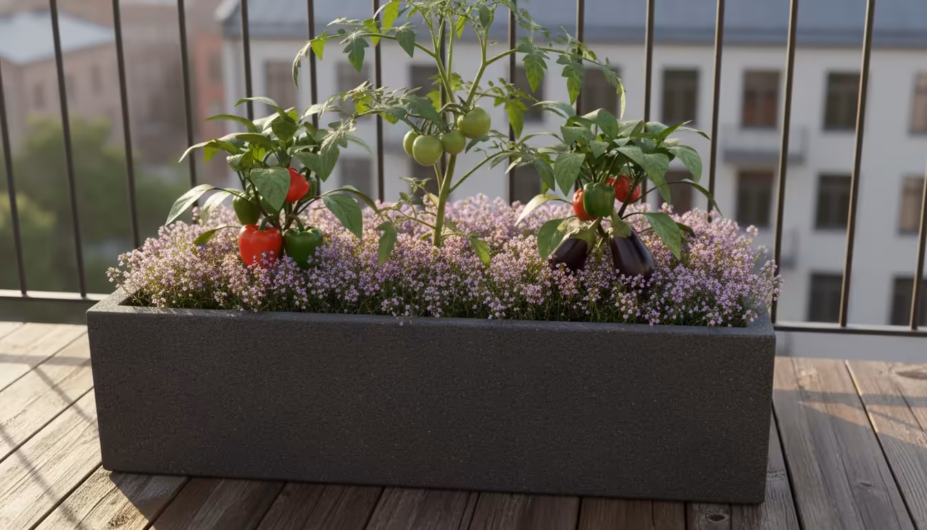 Elevated view: large dark grey planter on a balcony, showing tomato, pepper, and eggplant plants with a dense, blooming purple creeping thyme living m