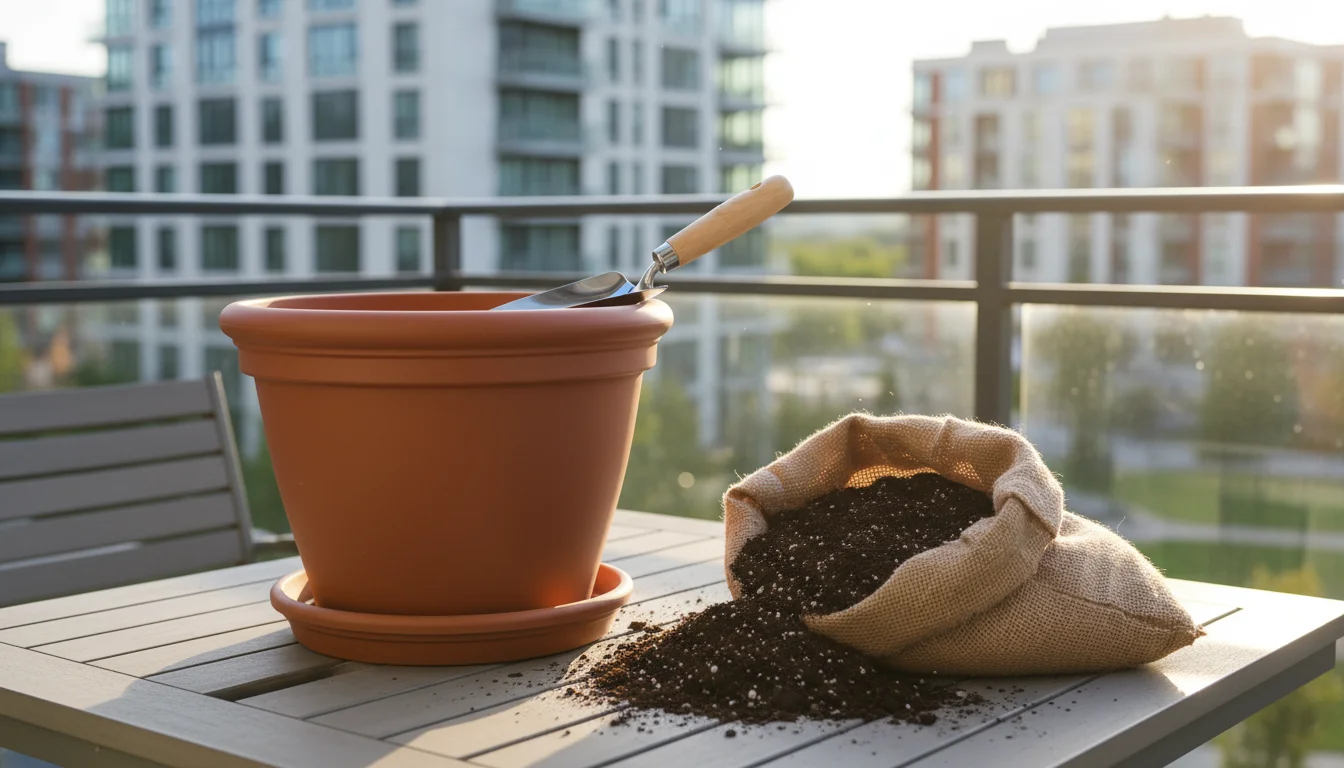 A large, empty terracotta-colored pot next to an open bag of potting mix and a trowel on a patio table.