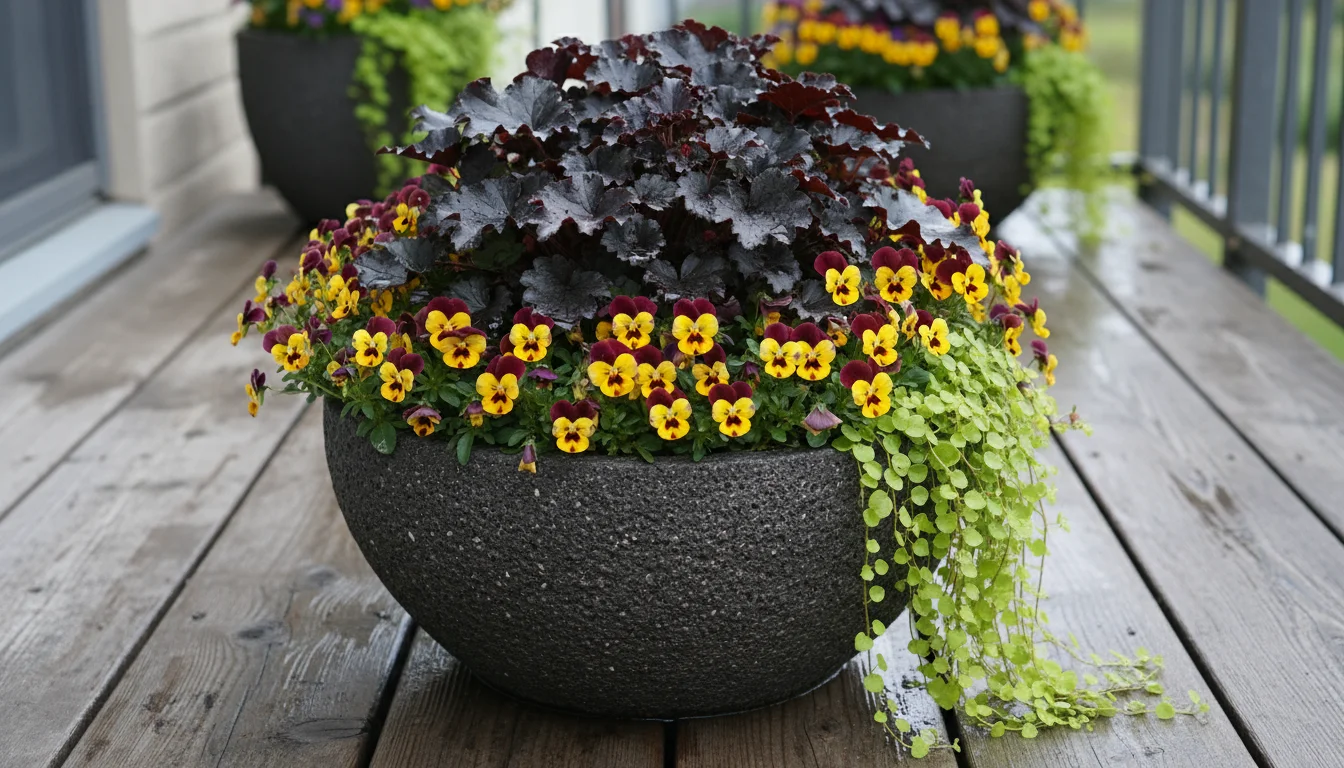 A large grey pot on a balcony contains a dark Heuchera, purple pansies, and trailing ivy. Potting mix and a trowel are nearby.