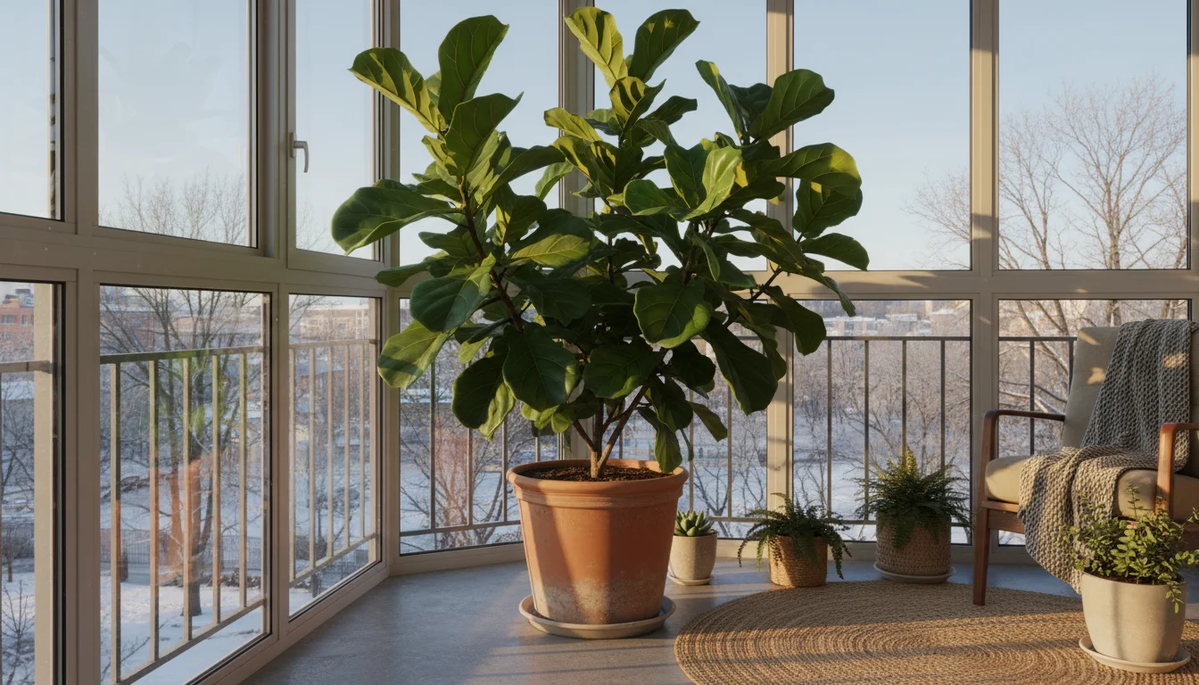 A large, healthy fiddle leaf fig plant with shiny new leaves thriving indoors on a bright winter balcony, visible through glass.
