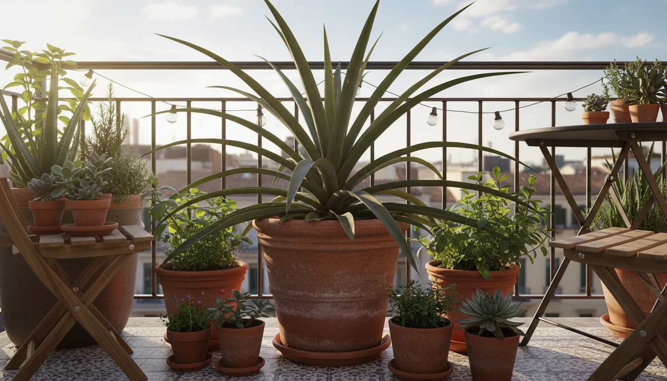 A very large, mature pineapple plant with wide, dark green leaves filling a terracotta pot on a sunny small balcony.