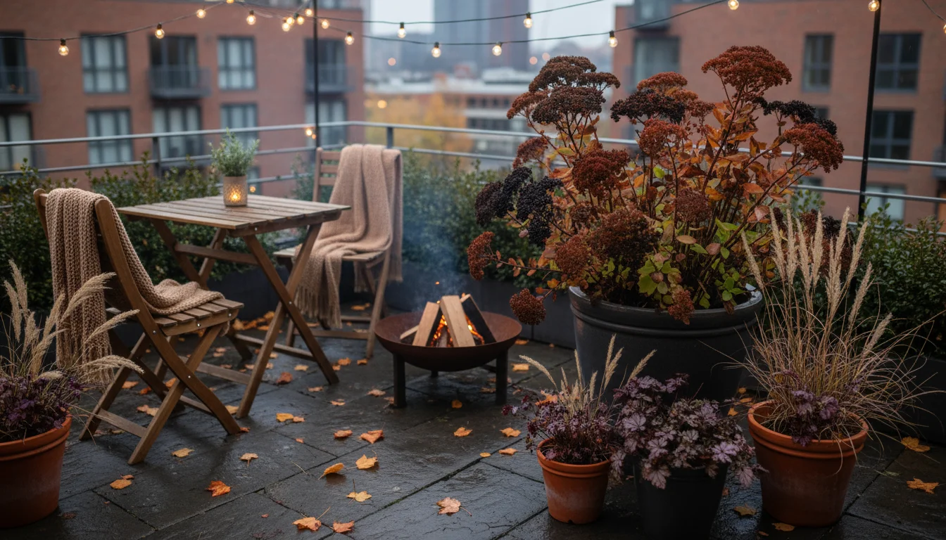 A large pot of dried sedum with russet and dark brown flower heads on a small urban patio with other fading container plants.