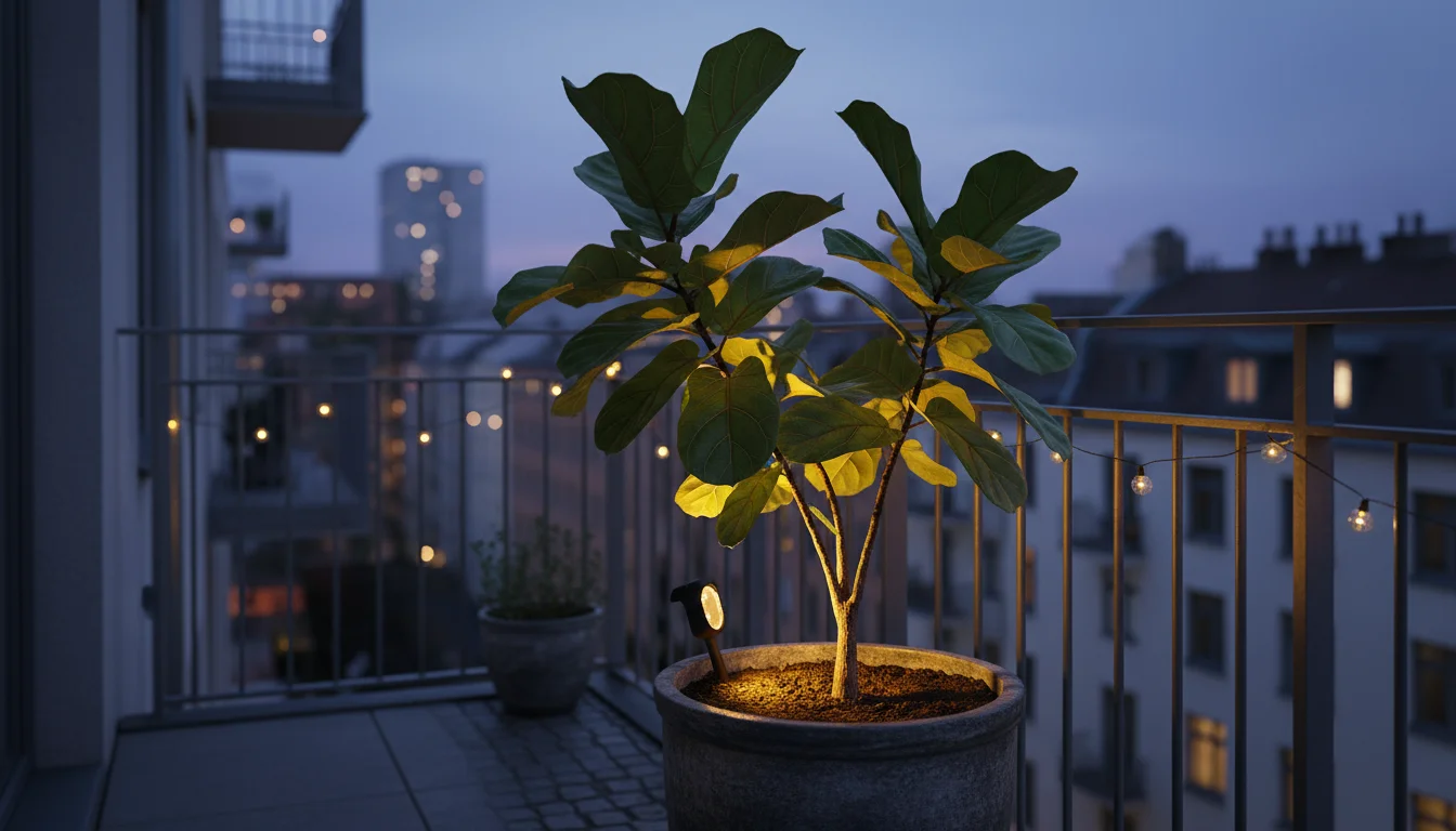 Eye-level view of a large potted plant on an urban balcony at twilight, dramatically lit from below by an upward-shining solar spotlight, highlighting
