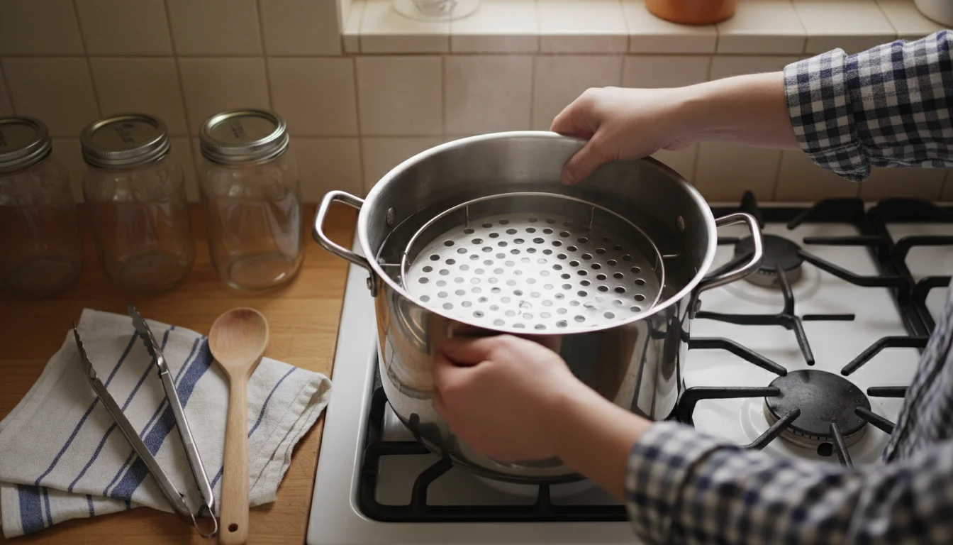 Elevated view into a large stockpot on a stovetop, hands placing a canning rack into water, with small glass jars nearby.