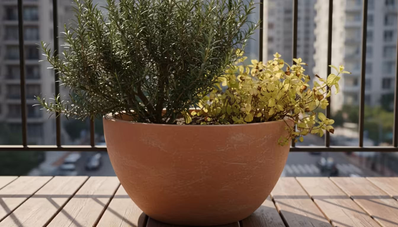 A large terracotta pot on a balcony, showing a healthy rosemary plant beside a patch of struggling, yellowed mint groundcover.