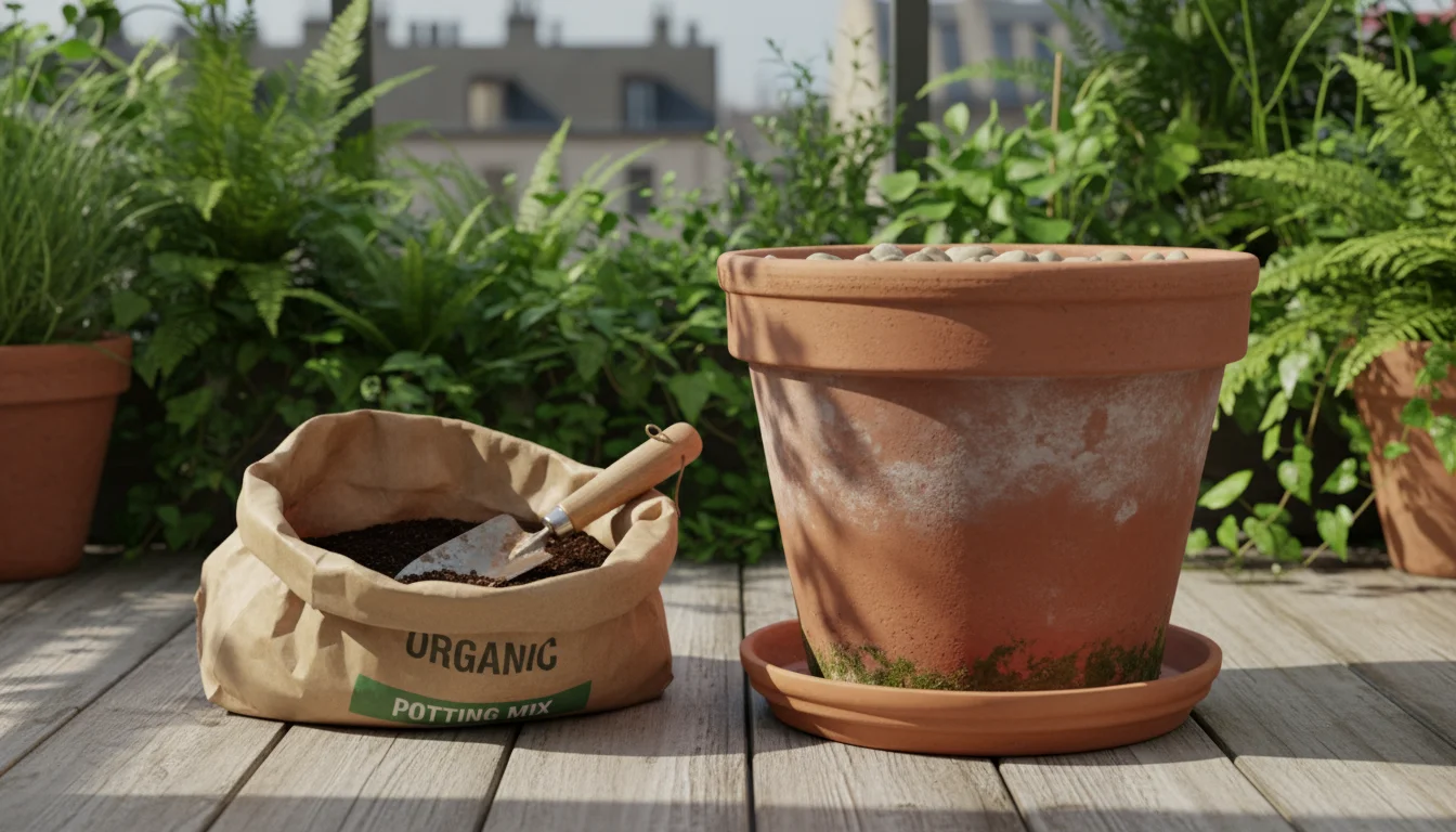 Large terracotta pot with drainage pebbles, organic potting mix bag, and trowel on a sunlit balcony, ready for container garlic planting.