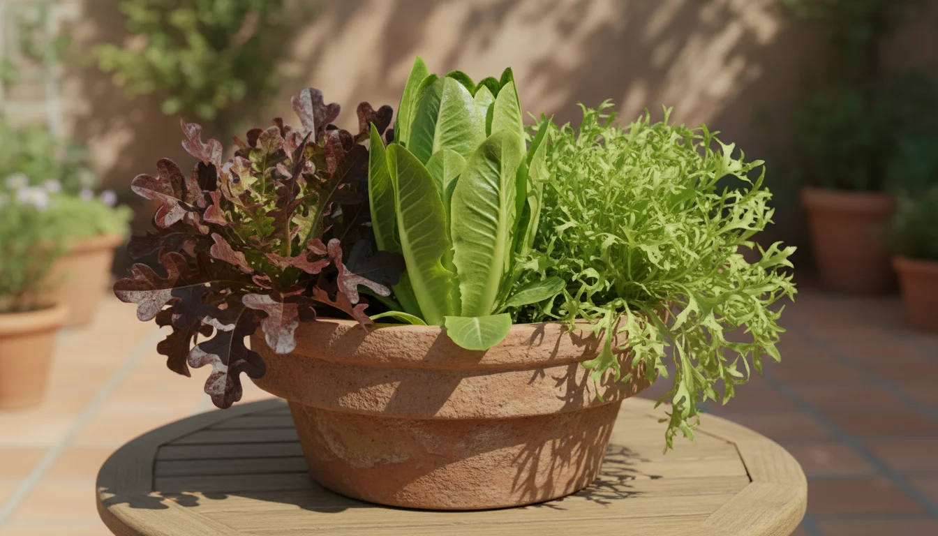 Large terracotta pot on a patio table with vibrant red, green, and frilly lettuce varieties. Small gardening snips rest on the rim.
