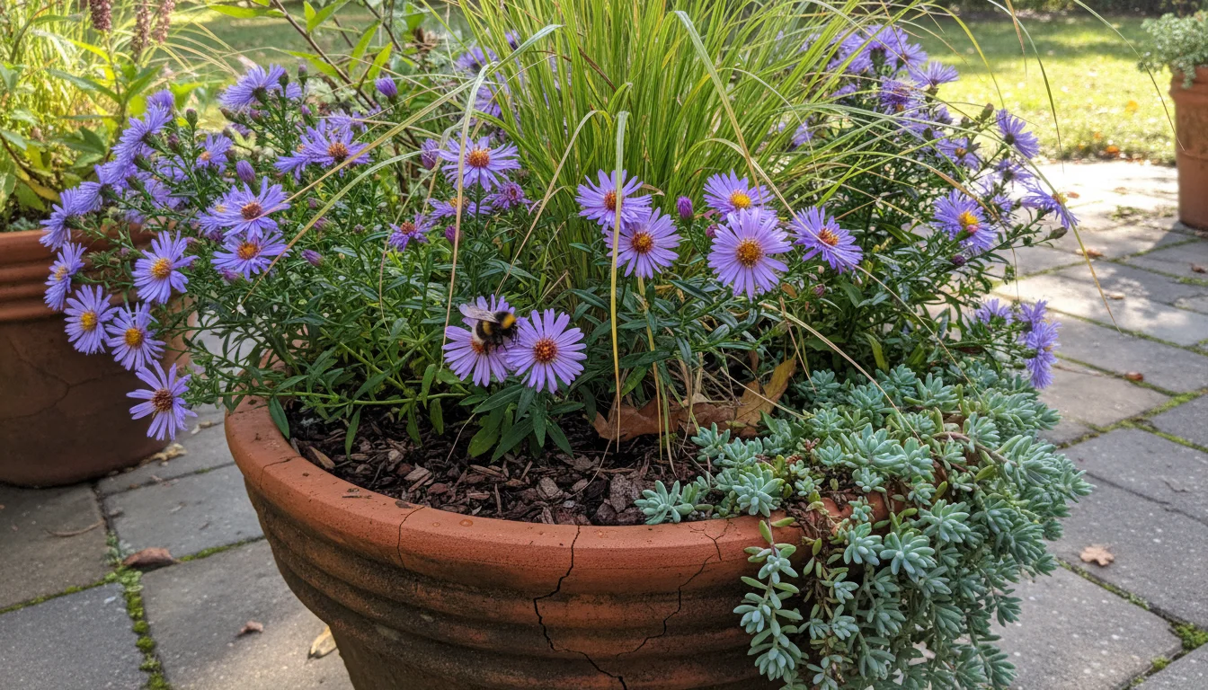Close-up view of a large terracotta pot showcasing layered native plants: tall grass, purple asters with a bee, and trailing sedum.