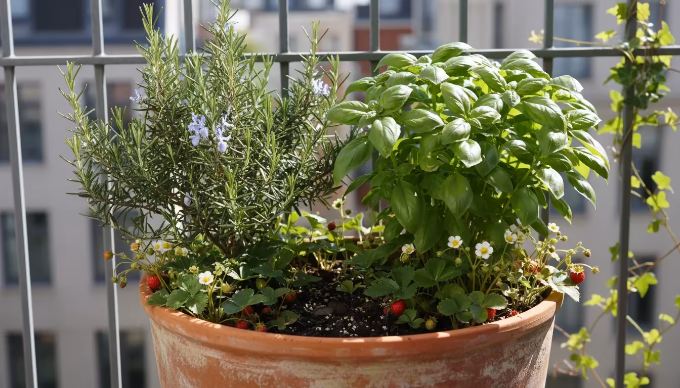 A large terracotta pot on a sunny balcony holds a bushy rosemary, vibrant basil, and alpine strawberry plants covering the soil.