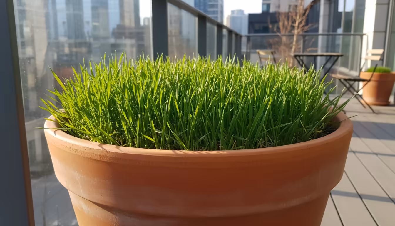 A large terracotta pot on an urban balcony filled with bright green, healthy winter rye cover crop, glowing in morning sun.